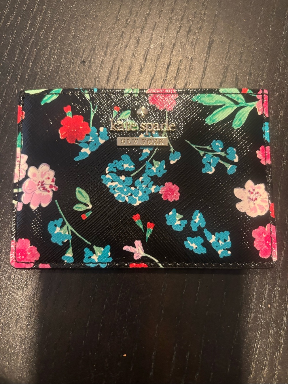 kate spade Story Book Black Floral Card Case with Blue and Pink Accents